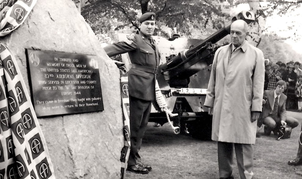 Harold Luken visits the monument dedicated to the 82nd Airborne Division in Leicester, England.